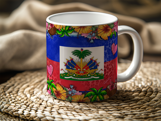 Ceramic mug - Haiti flag with flower design